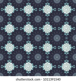 Composed of gray, blue and brown abstract elements. Mandalas kaleidoscope seamless pattern. Vector illustration. Useful as design element for texture and artistic compositions.