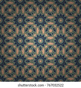 Composed in green, blue and beige colors, abstract shapes, Mandalas. Vector illustration. Useful as design element for texture and artistic compositions. Kaleidoscope seamless pattern.