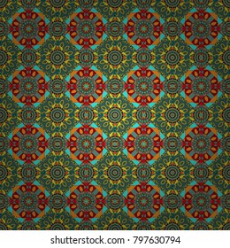 Composed in green, red and blue colors, abstract shapes, Mandalas. Vector illustration. Useful as design element for texture and artistic compositions. Kaleidoscope seamless pattern.