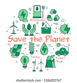Composed icons in green color for environmentally friendly attitude and planet saving on white background 