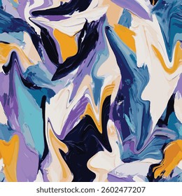 is composed of purple, blue, turquoise, yellow and white tones mixed together in an undulating and fluid way