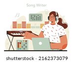 Composer. Author making and playing music with professional equipment. Talented songwriter, classic, jazz and rock music composing. Flat vector illustration.