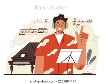 Composer. Author making and playing music with professional equipment. Talented songwriter, classic, jazz and rock music composing. Flat vector illustration.
