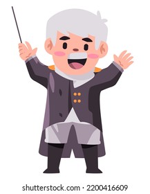 Composer conducting choir or orchestra concert with baton stick wearing black suit 