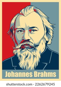 Composer Johannes Brahms. Obama hope style vector poster, vintage art