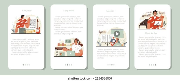 Composer mobile application banner set. Author making and playing music with professional equipment. Talented songwriter, classic, jazz and rock music composing. Flat vector illustration.