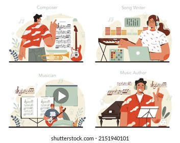 Composer set. Author making and playing music with professional equipment. Talented songwriter, classic, jazz and rock music composing. Flat vector illustration.