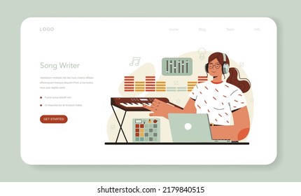 Composer web banner or landing page. Author making and playing music with professional equipment. Talented songwriter, classic, jazz and rock music composing. Flat vector illustration.