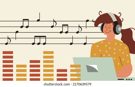 Música y sonido de mujer compositora. Diseñador de estudio de audio y grabación o editor de ilustración vectorial. Equipo digital portátil y software para crear canciones profesionales. Artista creador