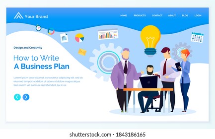 Composing business plan, ideas of workers in solution of business problems. Man with laptop dealing with task and problems of company, making up strategy. Website or webpage template, page vector