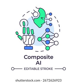 Icono compuesto del concepto del multi color de la IA. Aprendizaje automático, inteligencia artificial. Ilustración de línea de forma redonda. Abstractas idea. Diseño gráfico. Fácil de usar en infografía, presentación