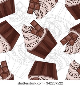 Composite background chocolate cupcakes. Seamless texture of sweet. Seamless pattern of cupcakes.