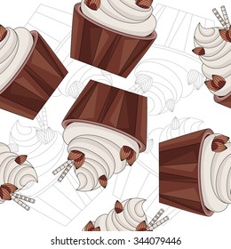 Composite background cupcakes with cream and almonds. Seamless texture of sweet. Seamless pattern of cupcakes.