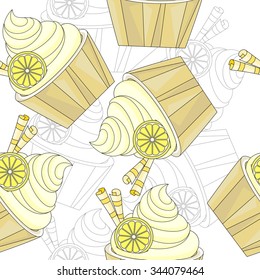 Composite background cupcakes with cream and lemon. Seamless texture of sweet. Seamless pattern of cupcakes.