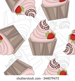 Composite background cupcakes with cream and strawberries. Seamless texture of sweet. Seamless pattern of cupcakes.