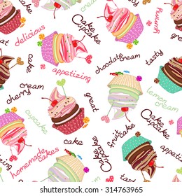Composite background of the delicious cakes and cupcakes. Seamless texture of sweet