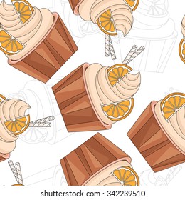 Composite the background of the muffins with the orange. Seamless texture of sweet. Seamless pattern of cupcakes. Background with orange cupcakes