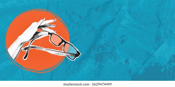 Composite collage, female hand holding glasses. Pop art style with bright orange circle and turquoise paper background.