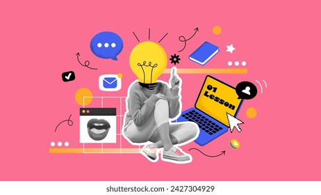 Composite collage of intelligent smart girl black white colors sitting use wireless netbook painted light bulb bright mind concept. Online Education creative collage concept. Vector illustration svg