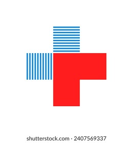 Composite cross medical logo red direction arrow and two blue squares from thin lines.