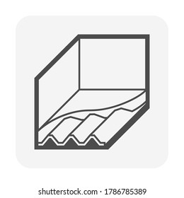 Composite floor deck vector icon in expandable outline style. Isometric construction symbol showing profiled metal deck with cast in place concrete topping forming composite structural flooring system. Clean architectural illustration representing steel deck slab, floor assembly, structural support, commercial building construction, civil engineering, contractor workflow, precast and reinforced concrete applications, building materials, architecture planning, CAD drawing, blueprint detail, engineering documentation, technical reference, construction manual, scalable line graphic, minimal drafting resource, professional design element, web graphics, mobile apps, user interface, infographic, engineering presentation, material catalog, isolated on white background.
