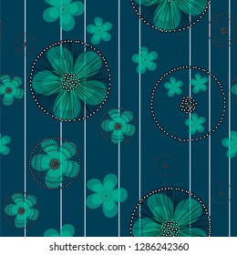 Composite geometric and floral art vector seamless pattern. Hand drawn buttercup flowers and stripes on blue background for textile, wallpaper, wrapping, cover, web, carton, print, banner, ceramics.