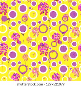 Composite geometric and floral art vector seamless pattern. Hand drawn roses flowers and circles on yellow background for textile, wallpaper, wrapping, cover, web, carton, print, banner, ceramics.