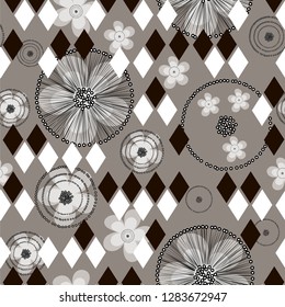 Composite geometric and floral vector seamless pattern. Hand drawn buttercup flowers and rhombuses on gray background for textile, wallpaper, wrapping, cover, web, carton, print, banner, ceramics.