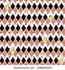 Composite geometric and floral vector seamless pattern. Hand drawn silhouette flowers and rhombuses on white background for textile, wallpaper, wrapping, cover, web, carton, print, banner, ceramics.