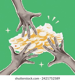 Composite halftone collage picture of hands greedily reach for a pile of gold coins. Trendy mixed media y2k Vector illustration.