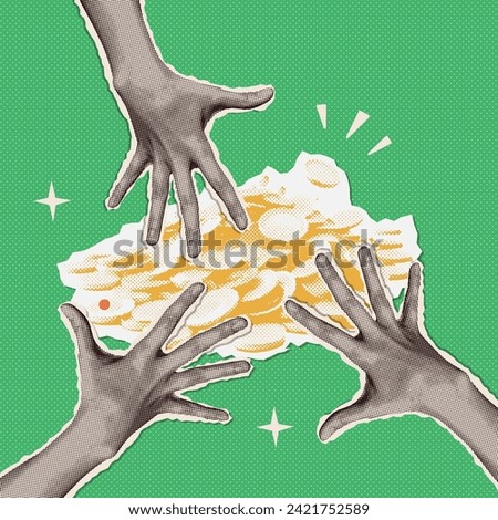 Composite halftone collage picture of hands greedily reach for a pile of gold coins. Trendy mixed media y2k Vector illustration.