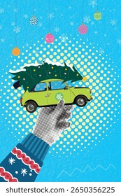 Composite halftone pop art collage light green retro car delivery christmas tree snow snowflakes holiday gift outdoor isolated on blue background with empty space for insertion