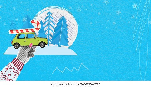 Composto meio-tom pop art colagem luz verde retro carro entrega doce doce doce doce doce abeto de neve presente de Natal ao ar livre isolado no fundo azul com espaço vazio para inserção