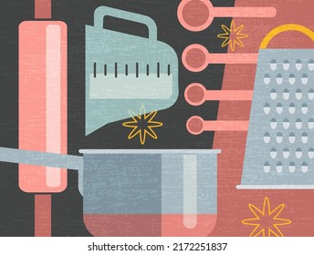 composite illustration of cooking tools and appliances for food preparation. Retro culinary theme vector illustration for artwork, decor, social media, banners