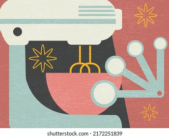 composite illustration of cooking tools and appliances for food preparation. Retro culinary theme vector illustration for artwork, decor, social media, banners