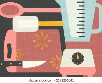 composite illustration of cooking tools and appliances for food preparation. Retro culinary theme vector illustration for artwork, decor, social media, banners