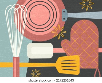 composite illustration of cooking tools and appliances for food preparation. Retro culinary theme vector illustration for artwork, decor, social media, banners