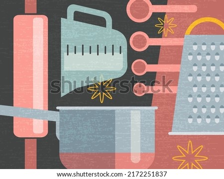 composite illustration of cooking tools and appliances for food preparation. Retro culinary theme vector illustration for artwork, decor, social media, banners