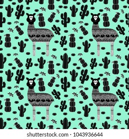 composite illustration of a pattern with an image of a llama and a cactus. Children's black and white picture print. vector image.