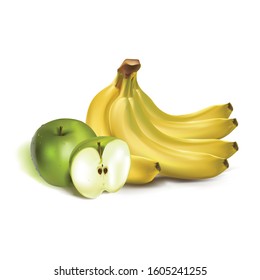 Composite image with whole and cutted fruits: banana, and apple isolated on a white background.
