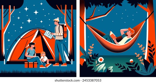 A composite vector illustration of family camping under the stars and solitary relaxation in a hammock, depicting outdoor leisure