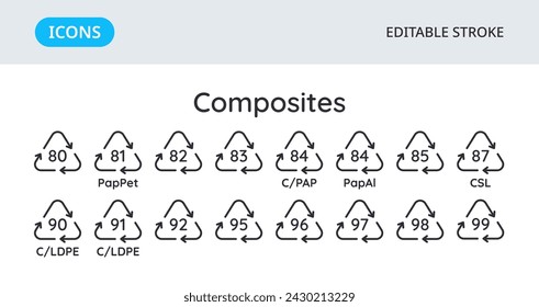 Composites recycling codes icons. Triangular environmental symbols of materials. Set of elements on a white background. Editable stroke.
