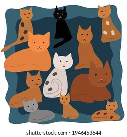 Composition of 11 cats on a blue background.