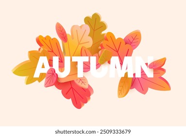 Composition of 3d autumn leaves. Red and yellow seasonal illustration.