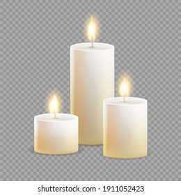 Composition with 3D burning yellow candles  with  realistic flame fire. Set isolated on transparent background. Element for design decor, vector illustration.