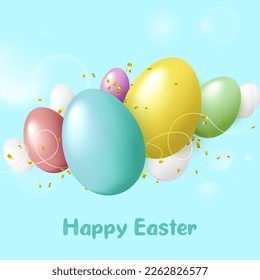 Composition of 3D Easter eggs. Holiday background. Modern template for Happy Easter, social media post, web banners, leaflets, certificates and postcards. Vector illustration.