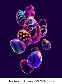 Composition of 3D Easter eggs. Holiday background.