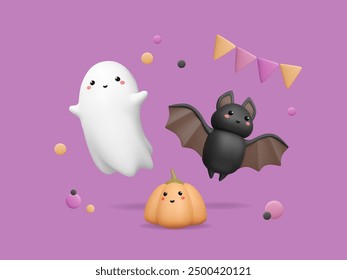 Composición con personajes de Halloween en 3D. Fantasma lindo, murciélago divertido, calabaza con cara de kawaii. Elementos de dibujos animados, bunting de fiesta y confeti. Monstruos flotando sobre fondo púrpura. Ilustración vectorial.