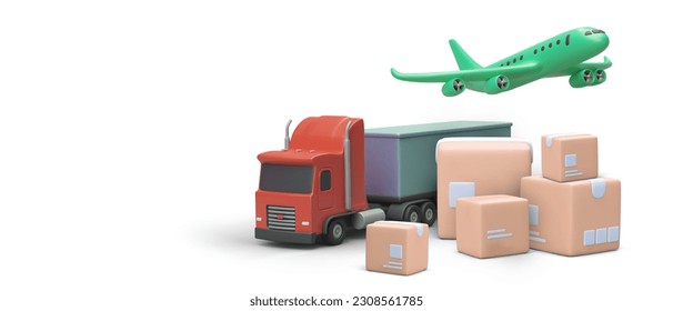 Composition of 3D plane, truck and pile of boxes. Vector illustration for advertising transportation of any type. Difficult long routes. Oversized cargo. Template for web page, phone application