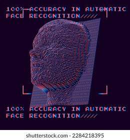 Composición de cabeza poligonal 3D hecha de malla en un fondo oscuro y texto "100% Precisión en reconocimiento facial".